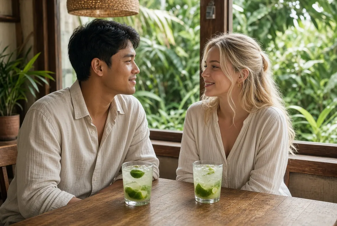 Illustration: two young people talking across a small table.